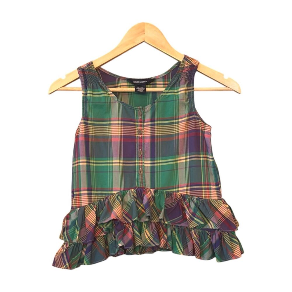 RALPH LAUREN Girls Plaid Ruffle Tank Top Madras Preppy Sleeveless